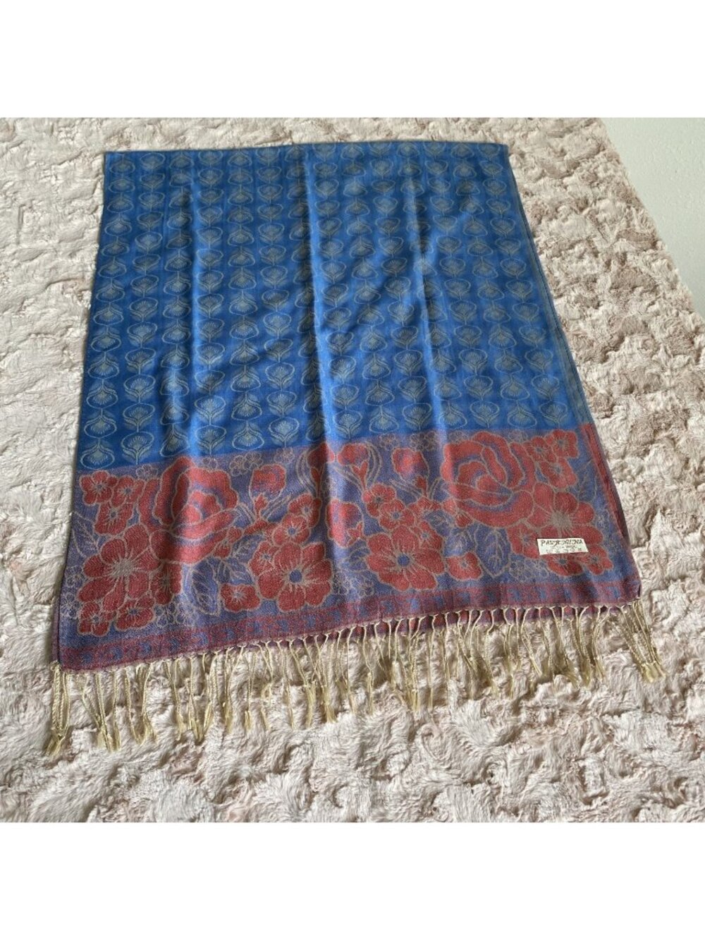 Pashmina 100% Cashmere Floral Scarf Tassel 68" x 27" Wrap Blue Red Biege